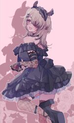  animal_ears bare_shoulders belt black_dress brown_hair detached_sleeves dress eyepatch fang flower frilled_dress frills from_behind hair_ornament headdress high_heels highres kokomi_(aniesuakkaman) multicolored_hair nimi_nightmare nimi_nightmare_(goth) piercing pink_background red_eyes smile tapir_ears tapir_girl thigh-highs thigh_belt thigh_strap twintails wolf_cut 