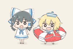  2girls :d alternate_costume blonde_hair blue_neckerchief blue_ribbon bow braid chibi chibi_only commentary_request cyu_ta dress frilled_bow frilled_hair_tubes frills grey_background grey_hair hair_bow hair_tubes hakurei_reimu hat holding holding_swim_ring kirisame_marisa long_hair multiple_girls neckerchief open_mouth ribbon sailor_collar sailor_hat salute sandals single_braided_sidelock smile swim_ring touhou white_bow white_dress white_sailor_collar 
