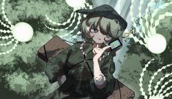  1girl :p ability_card_(touhou) backpack bag between_fingers breasts bright_pupils camouflage camouflage_hat camouflage_shirt camouflage_skirt card closed_mouth commentary danmaku dappled_sunlight day dot_nose flat_cap frilled_shirt_collar frills green_eyes green_hair green_hat green_shirt green_skirt hand_up hat highres holding holding_card jewelry key key_necklace looking_to_the_side medium_hair necklace outdoors pocket shirt skirt small_breasts smile solo spell_card stk_(satsuki) sunlight tongue tongue_out touhou upper_body white_pupils yamashiro_takane 