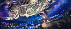  1girl absurdres armband asymmetrical_sleeves chinese_clothes chinese_commentary commentary_request flower from_side hair_flower hair_ornament hair_rings highres leggings light_particles long_hair long_sleeves looking_up metal_belt night papa_ya_0v0 purple_leggings qinshi_mingyue rainbow shao_siming_(qinshi_mingyue) single_hair_ring solo veil water 