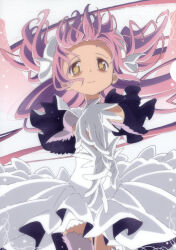  1girl absurdres bow choker dress floating_hair gloves goddess_madoka hair_bow hair_ribbon highres incredibly_absurdres kaname_madoka long_hair magical_girl mahou_shoujo_madoka_magica nakamura_naoto non-web_source official_art pink_hair pink_thighhighs reaching reaching_towards_viewer ribbon scan self-scan smile solo space_print starry_sky_print thigh-highs two_side_up very_long_hair white_choker white_dress white_gloves white_ribbon wings yellow_eyes 