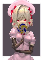  1girl absurdres beret black_gloves blonde_hair border bow breasts butterfly_hair_ornament candy commentary_request crossed_arms dress elbow_gloves food frilled_sleeves frills gloves grey_background hair_bow hair_ornament hat highres holding holding_candy holding_food holding_lollipop inumata_ichini lambdadelta leaf_ornament lollipop looking_at_viewer pink_dress pink_hat puffy_short_sleeves puffy_sleeves pumpkin red_bow red_eyes short_hair short_sleeves simple_background solo standing umineko_no_naku_koro_ni white_border 