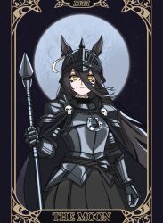  1girl absurdres animal_ears armor black_armor black_cape black_hair black_helmet breastplate cape card commentary cowboy_shot dot_nose english_commentary full_armor full_moon gauntlets ghuler hair_between_eyes helmet highres holding holding_polearm holding_weapon horse_ears horse_girl horseshoe knight long_hair long_hair_between_eyes looking_at_viewer manhattan_cafe_(umamusume) moon pauldrons polearm shoulder_armor solo spear spiked_armor spikes tarot tarot_card the_moon_(tarot) umamusume very_long_hair weapon yellow_eyes 