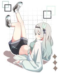  1girl absurdres arms_at_sides bag bare_legs black_hairband black_ribbon black_shorts blue_eyes blush bra breasts commentary contemporary erushira facing_to_the_side fanny_pack feet_up firefly_(honkai:_star_rail) gradient_eyes gradient_hair green_bra green_hair grey_hair grid_background hair_ornament hair_ribbon hairband highres honkai:_star_rail honkai_(series) jacket long_hair long_sleeves looking_at_viewer lying medium_breasts multicolored_eyes multicolored_hair navel on_back pink_eyes ribbon shoes short_shorts shorts simple_background sneakers socks solo sports_bra stomach track_jacket underwear unzipped white_background white_bag white_shoes white_socks wing_hair_ornament yellow_eyes 