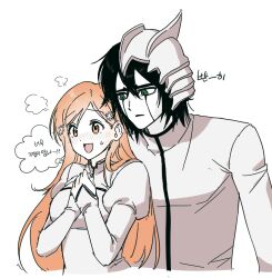  1boy 1girl black_hair bleach blush breasts commentary_request eubneung10571 green_eyes height_difference helmet highres inoue_orihime inoue_orihime_(hueco_mundo) juliet_sleeves korean_commentary korean_text long_hair long_sleeves medium_breasts orange_eyes orange_hair pale_skin puffy_sleeves sleeves_past_wrists speech_bubble thought_bubble translation_request ulquiorra_cifer 