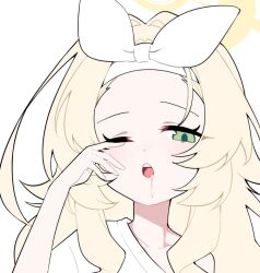  1girl :o ;o blonde_hair blue_archive blush bow bow_hairband collarbone drooling green_eyes hair_bow hair_ribbon hairband halo hand_up honi_(honi1010) long_hair looking_at_viewer mouth_drool one_eye_closed open_mouth portrait professor_niyaniya_(blue_archive) ribbon saliva saliva_trail shirt sidelocks simple_background sleepy solo tongue upper_body white_background white_bow white_hairband white_ribbon white_shirt yawning yellow_halo 