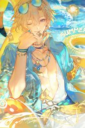  1boy absurdres aqua_shirt aqua_streaks aventurine_(honkai:_star_rail) aventurine_(waveflair)_(honkai:_star_rail) ball beach blonde_hair blue-tinted_eyewear blue_eyes bracelet braid commentary_request earclip earrings goggles goggles_on_head hawaiian_shirt highres honkai:_star_rail honkai_(series) jewelry looking_at_viewer male_focus male_swimwear money multicolored_hair necklace official_alternate_costume one_eye_closed open_clothes open_shirt renjian_shilian ring shirt signature streaked_hair tinted_eyewear volleyball_(object) white_male_swimwear 