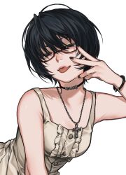 1girl bare_shoulders black_choker black_eyes bracelet center_frills choker commentary cross cross_necklace dress fang frills glasses glint hair_between_eyes half-closed_eyes hanbee_(leehanbee) hand_on_own_face jewelry looking_at_viewer necklace original red-framed_eyewear semi-rimless_eyewear short_hair simple_background skin_fang sleeveless sleeveless_dress solo tongue tongue_out under-rim_eyewear untranslatable_commentary upper_body white_background 