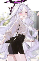  1girl absurdres ahoge bag black_halo black_horns black_skirt blue_archive blurry blurry_background blush commentary cowboy_shot dating demon_girl demon_horns english_commentary hair_ornament hairclip halo handbag happy high-waist_skirt highres hina_(blue_archive) horns layer_(shinobu) leaf long_hair looking_at_viewer looking_back missing_wings multiple_horns outdoors parallel_hairclips parted_bangs pencil_skirt purple_halo shirt single_hair_intake skirt smile solo very_long_hair violet_eyes white_hair white_shirt 