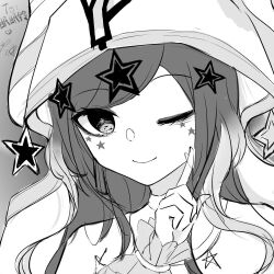  1girl closed_mouth commentary_request greyscale hood long_hair magical_girl mahou_shoujo_ikusei_keikaku mahou_shoujo_ikusei_keikaku_limited monochrome one_eye_closed pity_frederica smile star_(symbol) star_ornament star_print starletleaf 