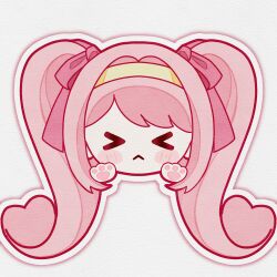  >_< 1girl blush_stickers bow chinese_commentary closed_mouth commentary_request embarrassed frown grey_background hair_bow hair_intakes hairband head_only heart heart-shaped_hair highres light_particles long_hair nikki_(nikki) nikki_(series) outline pawpads pink_bow pink_hair polka_dot shanfengzhu shining_nikki sidelocks simple_background solo straight-on swept_bangs twintails white_outline yellow_hairband 