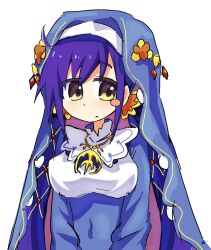  1girl 756d6e blue_dress blush_stickers breasts closed_mouth commentary_request covered_navel dress flower highres jewelry long_hair looking_at_viewer medium_breasts melty_pristis necklace nun purple_hair re:zero_kara_hajimeru_isekai_seikatsu simple_background solo upper_body veil white_background yellow_eyes 