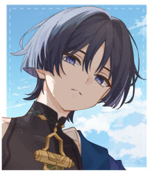  1boy absurdres bishounen blue_cape blue_sky blunt_ends border cape choppy_bangs clouds cloudy_sky commentary_request covered_collarbone eyeliner from_below genshin_impact highres looking_at_viewer makeup male_focus mandarin_collar outdoors parted_lips portrait purple_pupils red_eyeliner saekiya_sabou scaramouche_(genshin_impact) shoulder_peek side_cape sky solo tsurime violet_eyes wanderer_(genshin_impact) white_border white_mouth wolf_cut 