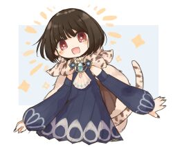  1girl black_hair blue_background blue_gem blush butter_run cape commentary_request detached_sleeves fur_cape gem highres lapis_lazuline looking_at_viewer magical_girl mahou_shoujo_ikusei_keikaku mahou_shoujo_ikusei_keikaku_restart open_mouth red_eyes short_hair smile tail white_background 