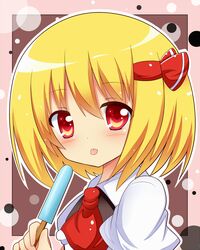  ascot bad_id blonde_hair blush food frame hair_ribbon ice_cream looking_at_viewer popsicle red_eyes ribbon rumia shinekalta shirt short_hair solo tongue tongue_out touhou vest youkai 