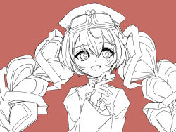  1girl 7753 braid commentary_request goggles hair_ornament hat heart heart_print long_hair magical_girl mahou_shoujo_ikusei_keikaku mahou_shoujo_ikusei_keikaku_limited open_mouth red_background smile twin_braids yomo_gigyoza 