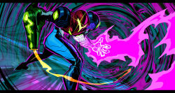  1girl arm_cannon armor artist_name assault_visor commentary english_commentary full_armor glowing_arm green_assault_visor helmet highres max_kay metroid metroid_ravenous multicolored_armor normal_suit_(metroid) power_armor power_suit_(metroid) red_helmet samus_aran signature weapon 