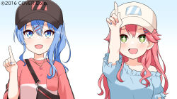  +_+ baseball_bat black_hat blue_background blue_eyes blue_nails blush commentary_request felutiahime finger_to_mouth gradient_background green_eyes hat highres hololive hoshimachi_suisei jewelry long_hair looking_at_viewer looking_up necklace official_art open_mouth pink_hair pink_nails pointing pointing_up sakura_miko short_sleeves smile star_(symbol) star_in_eye star_necklace sweatdrop symbol_in_eye upper_body virtual_youtuber white_background white_hat 