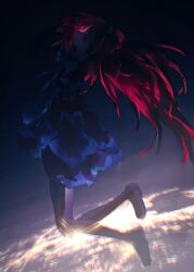  1girl absurdres armband backlighting black_jacket black_pantyhose black_shoes blue_eyes bow city city_lights cityscape commentary falling floating frilled_sleeves frills from_below glowing hair_bobbles hair_ornament highres jacket lens_flare long_hair long_sleeves looking_at_viewer looking_to_the_side midair night pantyhose purple_bow red_hair shadow shoes sketch skirt solo thigh-highs twintails umineko_no_naku_koro_ni untranslatable_commentary ushiromiya_ange white_skirt wind 