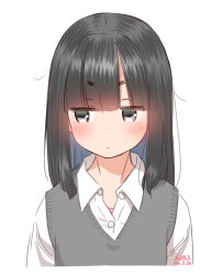  1girl :| artist_name black_eyes black_hair blunt_bangs blush buttons closed_mouth collared_shirt cropped_torso dated dot_nose dress_shirt expressionless eyes_visible_through_hair facing_viewer grey_sweater_vest grey_vest hair_between_eyes jitome looking_at_viewer loose_hair_strand medium_hair original retsumaru school_uniform shirt short_eyebrows signature simple_background solo straight_hair sweater_vest thick_eyebrows unbuttoned upper_body v-neck vest white_background white_shirt 