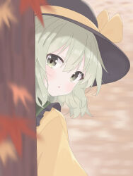  1girl absurdres autumn_leaves b3l_rinrin black_hat blush bow collared_shirt commentary_request falling_leaves frilled_shirt_collar frills green_eyes green_hair hat hat_bow highres komeiji_koishi leaf long_sleeves looking_at_viewer maple_leaf medium_hair open_mouth outdoors shirt solo touhou tree yellow_bow yellow_shirt 