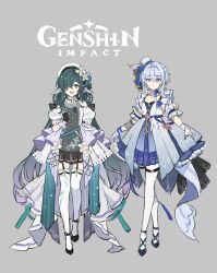  2girls absurdres alternate_costume arms_at_sides black_gloves blue_dress blue_eyes blue_flower blue_hair blue_hat bow choker commentary detached_sleeves dress english_text floral_print flower garter_straps genshin_impact gloves green_hair grey_background hair_between_eyes hair_bun hair_flower hair_intakes hair_ornament hair_over_one_eye hand_up hat hat_feather hat_flower highres jewelry logo long_hair mini_hat mini_top_hat multicolored_hair multiple_girls necklace odette_(genshin_impact) open_mouth pale_skin papajay_(jennygin2) pearl_hair_ornament puffy_dress puffy_short_sleeves puffy_sleeves short_sleeves sketch smile thigh-highs top_hat train_(clothing) untranslatable_commentary very_long_hair violet_eyes vodyanitsa_(genshin_impact) white_dress white_flower white_gloves white_thighhighs wrist_cuffs 