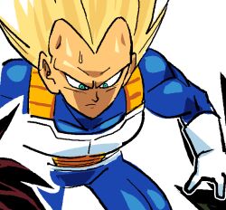  1boy armor black_hair blonde_hair blue_bodysuit bodysuit collage dragon_ball dragon_ball_z english_commentary gloves green_eyes looking_down male_focus multiple_persona muscular muscular_male oekaki outline saiyan saiyan_armor spiky_hair super_saiyan super_saiyan_1 sweat teknodice toriyama_akira_(style) vegeta white_armor white_gloves white_outline widow's_peak 