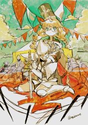  2girls absurdres blue_sky braid cafe_artful cape character_request clouds commentary_request earrings freckles hands_on_another's_shoulders hayasaka_mebawe helmet highres jewelry kneeling looking_up multiple_girls outdoors planted planted_sword rance_(series) round_eyewear sky string_of_flags sword tent twin_braids twitter_username weapon winged_helmet 