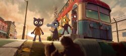  2boys 2girls angus_delaney animal_ears bea_santello bear_boy bear_ears cat_ears cat_girl commentary crocodile_girl diner fox_boy fox_ears furry furry_female furry_male gregg_lee highres implied_decapitation mae_borowski multiple_boys multiple_girls night_in_the_woods scene_reference susu_zarashi wide-eyed 