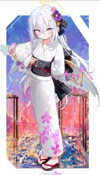  a1u absurdres azusa_(blue_archive) black_obi blue_archive blue_eyes blush colorful_background commentary earrings feathered_wings flip-flops floral_print flower flower_hairclip gradient_eyes hair_ornament hairclip halo hand_on_own_back highres japanese_clothes jewelry kimono long_hair looking_at_viewer low_wings multicolored_eyes obi obijime purple_flower purple_ribbon reflection ribbon sandals sash standing very_long_hair violet_eyes white_hair white_kimono white_wings wings yellow_halo 