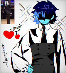  1other androgynous black_necktie blue_hair blue_skin colored_skin deltarune expressionless formal_clothes hair_between_eyes hand_on_own_hip heart highres holding holding_sign kris_(dark_world)_(deltarune) kris_(deltarune) long_sleeves looking_at_viewer necktie nymph-099 other_focus puffy_sleeves red_soul_(utdr) screenshot_inset shaded_face short_hair sign signature simple_background soul_(character)_(deltarune) soul_(utdr) suit utdr_(toby_fox) white_background white_sleeves 