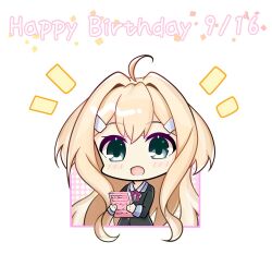  1girl :d ahoge birthday black_jacket blonde_hair blush book chibi commentary_request dated green_eyes hair_between_eyes hair_intakes hair_ornament hairclip happy_birthday highres holding holding_book iyojima_anzu jacket long_hair long_sleeves looking_at_viewer niboluto nogi_wakaba_wa_yuusha_de_aru notice_lines open_mouth purple_ribbon ribbon school_uniform shirt simple_background smile solo upper_body very_long_hair white_background yuusha_de_aru 