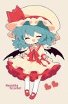  bad_id bat_wings blue_hair blush bow curtsey dress fang haru_(kyou) hat heart open_mouth remilia_scarlet short_hair smile solo touhou wings 