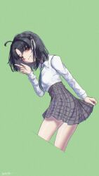  1girl absurdres ahoge awa_subaru black_hair closed_mouth commentary diagonal-striped_clothes diagonal-striped_necktie english_commentary girls_band_cry green_background green_necktie grey_skirt hair_ribbon highres holding_own_skirt index_finger_raised long_sleeves looking_at_viewer medium_hair necktie parted_bangs plaid_clothes plaid_skirt pleated_skirt ribbon rraiden2_(szsv8382) school_uniform shirt simple_background skirt solo striped_clothes striped_necktie white_ribbon white_shirt 