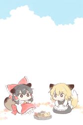  2girls acorn animal_ears apron ascot autumn_leaves barefoot black_hair black_skirt black_vest blonde_hair bow bowl braid buttons chibi chibi_only clouds commentary_request cyu_ta detached_sleeves frilled_hair_tubes frilled_shirt_collar frills green_bow hair_bow hair_tubes hakurei_reimu highres kirisame_marisa leaf long_hair long_sleeves missing_headwear multiple_girls raccoon_ears raccoon_tail red_bow red_shirt red_skirt shirt single_braided_sidelock sitting skirt tail touhou vest white_apron white_shirt yellow_ascot 