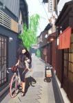  :o absurdres ahoge alley bicycle bike_jersey bike_shorts black_hair cat flat_chest helmet highres lamp long_hair looking_up open_mouth original plant satellite_dish shadow shoes sign solo teeth tomaneko_(niku291414) 