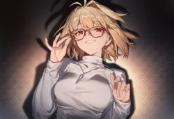  1girl adjusting_eyewear ai-generated antenna_hair arcueid_brunestud bespectacled blonde_hair breasts clenched_teeth commentary floating_hair glasses grin hair_between_eyes hand_up jewelry large_breasts looking_at_viewer messy_hair necklace red-framed_eyewear red_eyes short_hair sidelocks simple_background single_hair_intake smile solo spotlight sugoi_orange sweater teeth tsukihime tsukihime_(remake) turtleneck turtleneck_sweater untranslatable_commentary upper_body white_sweater 