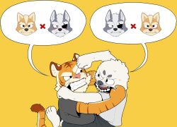  4boys animal_ears blush brown_fur clenched_teeth closed_mouth eyepatch flapjackflapper fox_boy fox_ears fox_mccloud furry furry_male grey_fur highres male_focus multiple_boys one_eye_covered original seal_boy smile speech_bubble spoken_character star_fox teeth tiger_boy wolf_boy wolf_ears wolf_o'donnell 