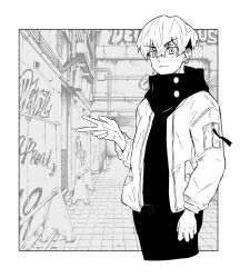 1boy border closed_mouth commentary_request cropped_legs earrings greyscale highres jacket jewelry looking_at_viewer male_focus matsuno_chifuyu monochrome nattsu_(user_fdkh3235) open_clothes open_jacket solo tokyo_revengers v white_border 