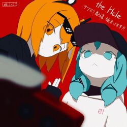  2girls :< a.i._voice adachi_rei alternate_costume alternate_hairstyle aqua_eyes aqua_hair artist_name baseball_cap black_hat black_hoodie chibi chibi_only closed_mouth colored_skin commentary expressionless eyewear_on_head film_grain finger_gun flat_color hair_over_shoulder hair_ribbon hairband hat hatsune_miku head_tilt headlamp highres hood hood_down hoodie looking_at_object low_twintails medium_hair mixed-language_text multiple_girls no_pupils official_artist_extra orange_eyes orange_hair r-906 red_background ribbon shaded_face short_hair side_ponytail sidelocks simple_background sleeves_past_wrists sunglasses the_hole_(utau) twintails utau vocaloid white_hoodie white_ribbon white_skin 