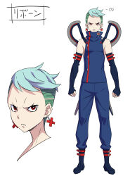  1boy angry blue_hair character_name commentary earrings elbow_gloves fingerless_gloves full_body gloves height jewelry looking_at_viewer multiple_expressions multiple_views official_art ootsuka_shin'ichirou re:zero_kara_hajimeru_isekai_seikatsu reborn_(re:zero) red_eyes reference_sheet scissors second-party_source shaved_head strap weapon weapon_on_back white_background 