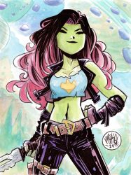  1girl 2024 absurdres alien alt_text arm_strap artist_logo asteroid belt black_gloves black_hair black_jacket black_pants closed_eyes colored_skin crop_top dated fingerless_gloves gamora gloves green_skin guardians_of_the_galaxy highres holding holding_sword holding_weapon jacket leather leather_pants logo long_hair marvel mikemaihack navel pants pink_shirt science_fiction shirt signature smile space sword upper_body weapon 