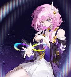  1girl ;) amphoreus_(honkai:_star_rail) breasts chinese_commentary coat commentary_request cyrene_(honkai:_star_rail) cyrene_(philia093)_(honkai:_star_rail) dress hair_ornament highres honkai:_star_rail honkai_(series) jewelry medium_hair mobius_strip multicolored_hair necklace one_eye_closed pink_hair purple_coat sky small_breasts smile solo star_(sky) starry_sky two-tone_hair white_dress white_hair wushixunxianren 