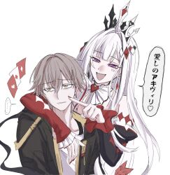  ... 1boy 1girl aha_(honkai:_star_rail) arm_around_shoulder black_coat black_sleeves brooch caelus_(honkai:_star_rail) cheek_poking coat commentary_request crown detached_sleeves diamond_hair_ornament grey_hair haikure_3 hair_ornament heart heart_brooch highres honkai:_star_rail honkai_(series) hood hooded_coat jewelry long_hair nihilux_(aeon_aha)_(honkai:_star_rail) nihilux_(honkai:_star_rail) open_clothes open_coat open_mouth poking red_nails shirt simple_background smile speech_bubble t-shirt teeth trailblazer_(honkai:_star_rail) translation_request two-sided_coat two-sided_fabric upper_teeth_only violet_eyes white_background white_hair yellow_coat yellow_eyes 
