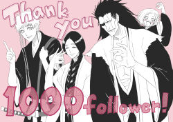  1boy 3girls anno_im badge bleach bleach:_sennen_kessen-hen blush_stickers braid commentary_request earrings eyepatch finger_counting fukutaichou_badge greyscale_with_colored_background haori highres japanese_clothes jewelry kotetsu_isane kusajishi_yachiru long_hair midriff_sarashi milestone_celebration multiple_girls obi open_mouth pink_background sarashi sash scar scar_across_eye scar_on_face scar_on_lip sheath sheathed shihakusho short_hair_with_long_locks single_braid smile sword taichou_haori thank_you typo unohana_retsu very_long_hair weapon zaraki_kenpachi 