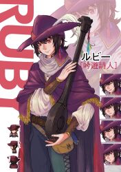  1boy alternate_costume bag belt black_hair brendan_(pokemon) brown_belt buttons cape character_name closed_mouth commentary_request grey_scarf hat highres holding holding_instrument instrument kariya_(fanye_fy) male_focus pants pokemon pokemon_adventures purple_cape purple_hat scarf second-party_source shirt short_hair smile sprite translation_request 