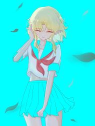  1girl absurdres blonde_hair blue_background blue_sailor_collar blue_skirt closed_eyes closed_mouth commentary_request cookie_(touhou) cowboy_shot falling_leaves hand_up highres joker_(cookie) leaf mizuhashi_parsee neckerchief pleated_skirt pointy_ears red_neckerchief sailor_collar school_uniform serafuku shirt short_hair short_sleeves sidelocks skirt solo touhou ukiuki_ukio white_shirt wind 