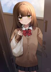  1girl bag black_skirt blue_sky blush bow brown_cardigan brown_eyes brown_hair cardigan clouds cloudy_sky collared_shirt commentary_request day dress_shirt highres holding holding_bag long_hair long_sleeves minami_saki open_door original plastic_bag pleated_skirt puffy_long_sleeves puffy_sleeves red_bow school_uniform shirt skirt sky sleeves_past_wrists solo white_shirt 