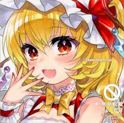 1girl alternate_costume blonde_hair bow bowtie chacham commentary_request crystal crystal_wings dress fang flandre_scarlet frilled_wrist_cuffs frills hair_between_eyes hat hat_ribbon looking_at_viewer marker_(medium) mob_cap one_side_up open_mouth portrait red_eyes red_nails red_wrist_cuffs ribbon skin_fang smile solo touhou traditional_media twitter_username watermark white_dress white_hat wings wrist_cuffs yellow_bow yellow_bowtie 