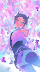  1girl 4957316 absurdres black_hair black_pantyhose black_shirt clove_(valorant) commentary cropped_jacket freckles green_eyes highres jewelry multiple_rings pantyhose purple_shorts reaching reaching_towards_viewer ring shirt short_hair shorts solo untranslatable_commentary valorant 